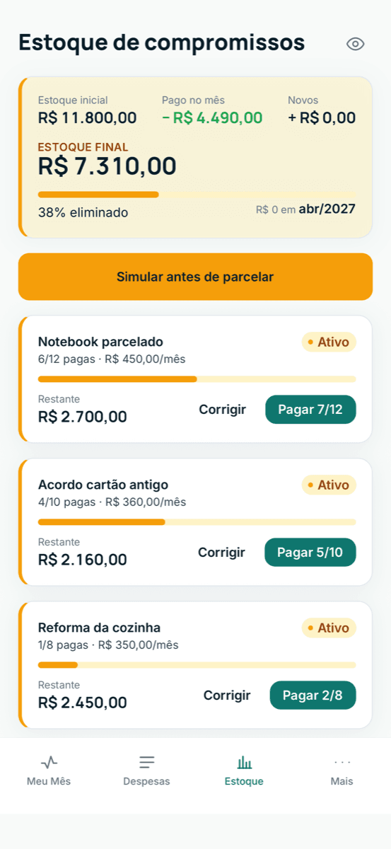 Tela Estoque de compromissos do NaluCash: R$ 7.310 restantes, 38% eliminado, zero em abril de 2027.